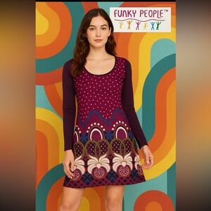 Funky People Boho Mod Dress M – Purple Geometric Floral Long Sleeve Retro